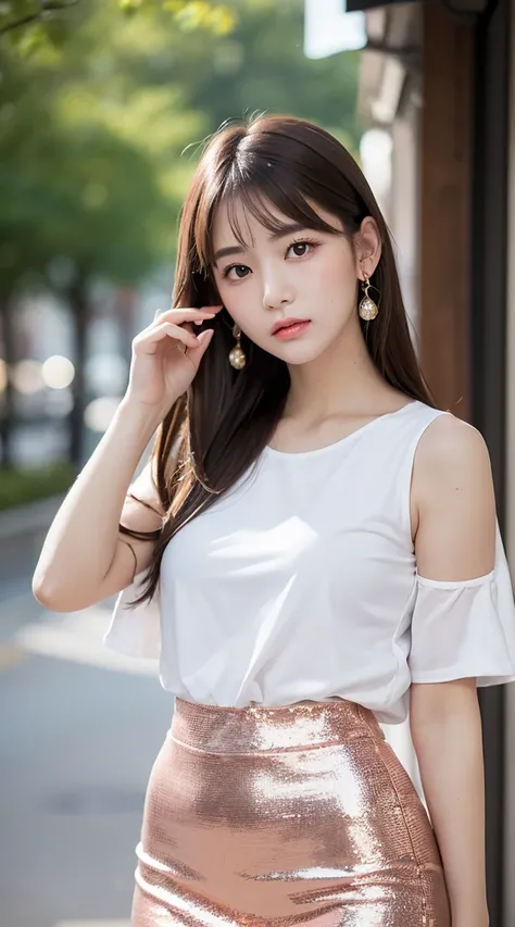 (bestquality, Realistic: 1.3), 1girl in, Middlebox, Light brown hair, blunt bangs, hair behind ear, hair over shoulder, long-haired, Slender Figure, ultra-fine face, Sensitive lips, beautidul eyes, Thin blush, The eyes are light brown........, Perfect glos...