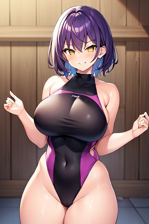 1girl, large breasts, breasts, wide hips, thick thighs, purple hair, short hair, very short hair, yellow eyes, one-piece swimsuit, black one-piece swimsuit, competition swimsuit, smug, smirk, smile