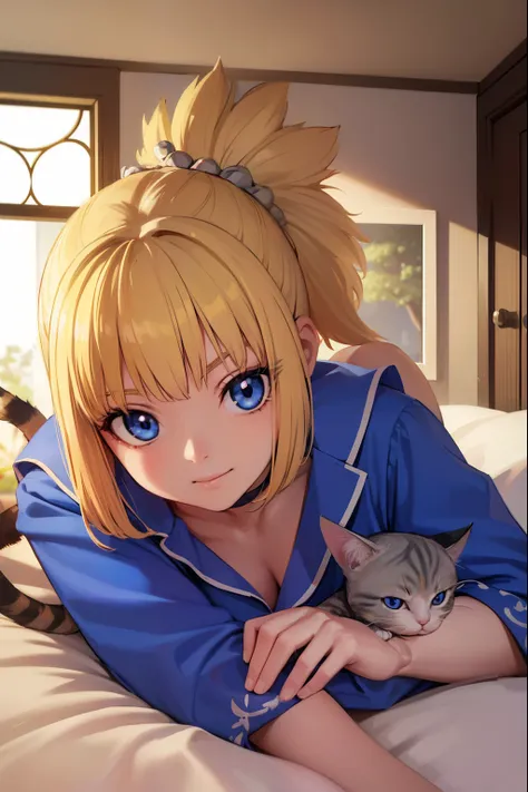 kohaku, kohaku, blonde hair, blue eyes, hair ornament, ponytail, (1girll:1.3), (cat pajamas:1.3)
break looking at viewer, full b...