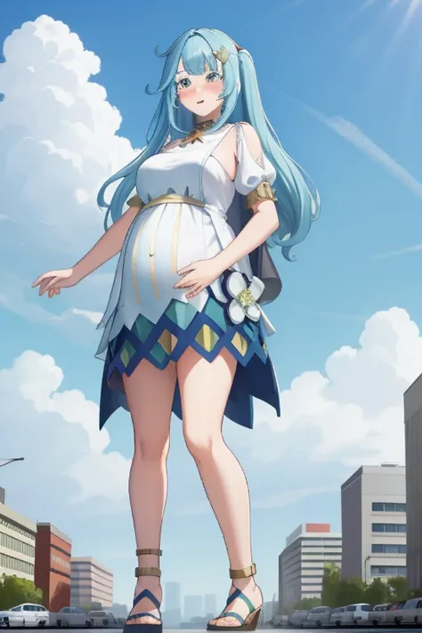 Giant maiden，Moe two-dimensional style，Pregnancy status，Round belly，Gaze at the bustling city, Lying down, Burp, Burping, Idol clothes, Full body