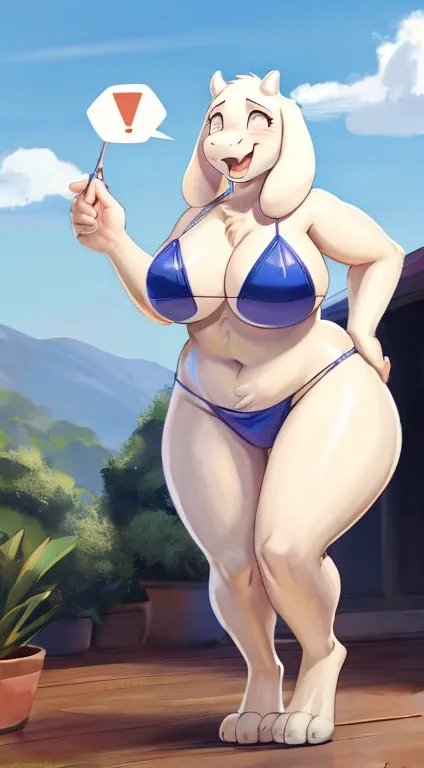 (best quality, masterpiece:1), slingshot bikini, transformation, mid transformation, human male, Toriel, furry, standing, blushing, looking excited, voluptuous, (goat), digitigrade, clothes, BREAK (by sqoon),