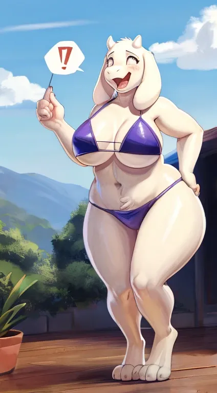 (best quality, masterpiece), slingshot bikini, transformation, mid transformation, human male, Toriel, furry, standing, blushing, looking excited, voluptuous, (goat), digitigrade, clothes, BREAK (by sqoon),