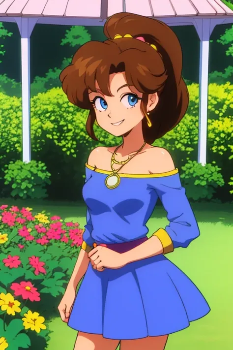 80s anime style, brown hair, ponytail, blue eyes, bare shoulders, pink dress, golden necklace, smile, cowboy shot, standing, garden, gazebo, beautiful, best quality.