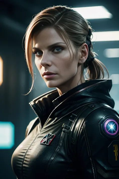 (Cyberpunk military scientist:1) (1Frau) dunkles Thema :: Fokus auf Nahaufnahme Gesicht, Neugieriges Gesicht, Katee Sackhoff Gesicht, ultra realistic futuristic cyberpunk tall athletic woman, :: mittelbraunes Haar, Futuristischer Brillen-Nerd :: Im Cyberpu...