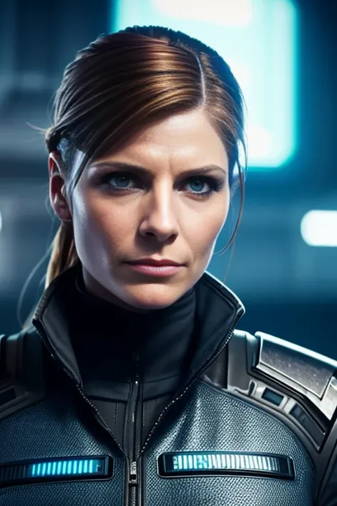 (Cyberpunk military scientist:1) (1Frau) dunkles Thema :: Fokus auf Nahaufnahme Gesicht, Neugieriges Gesicht, Katee Sackhoff Gesicht, ultra realistic futuristic cyberpunk tall athletic woman, :: mittelbraunes Haar, Futuristischer Brillen-Nerd :: Im Cyberpu...