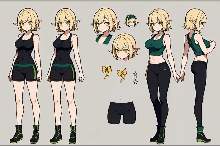 **Create a full body character design sheet for a female character, elf, mid 20s, large breasts, no outline, expressive Disney styled, she  wearing black spandex shorts and a dark green tank top, medium blonde hair, yellow eyes, View (Frontal, Three Quarte...