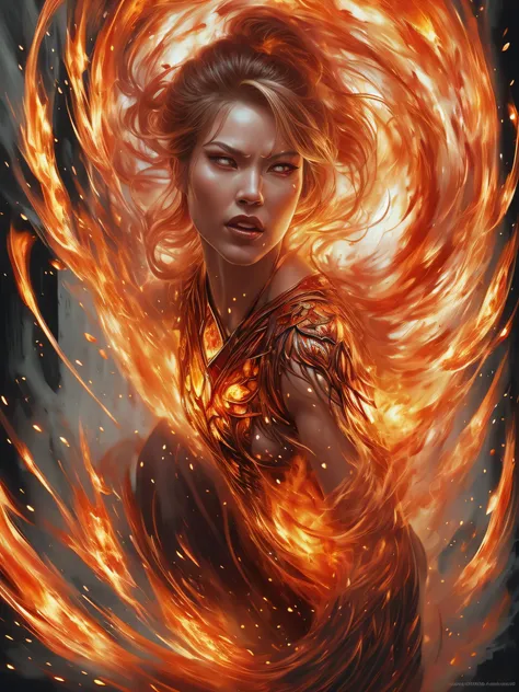 woman, hyperrealistic, on fire, fire elemental, fire magic, japanese, amaterasu