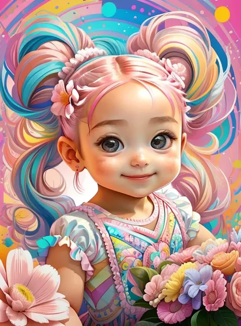 (cute baby girl with ponytails smiling with pink ballet dancer dress and flowers),(best angle), (better expression), Eduardo Kobra acolchoamento ,multidimensional geometric wall PORTRAIT, arte, Chibi,
Yang08k, lindo, Colouring,
Primary works, qualidade sup...