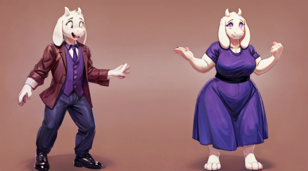 (masterpiece, best quality), transformation, mid transformation, gender transformation, mtf, sequence, full body, simple background, standing, human male wearing a tuxedo, Toriel wearing a purple dress, purple eyes, female, BREAK (by Sqoon)