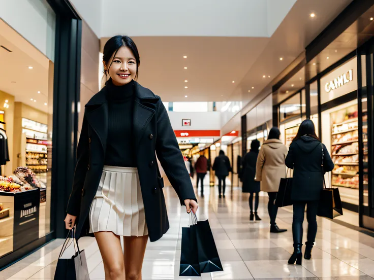 Femme blonde souriante avec de longs, manteau élégant avec des bottes hautes, Jupe courte, dans un centre commercial animé, porter des sacs à provisions, face avant, Mains cachées, corps parfait,