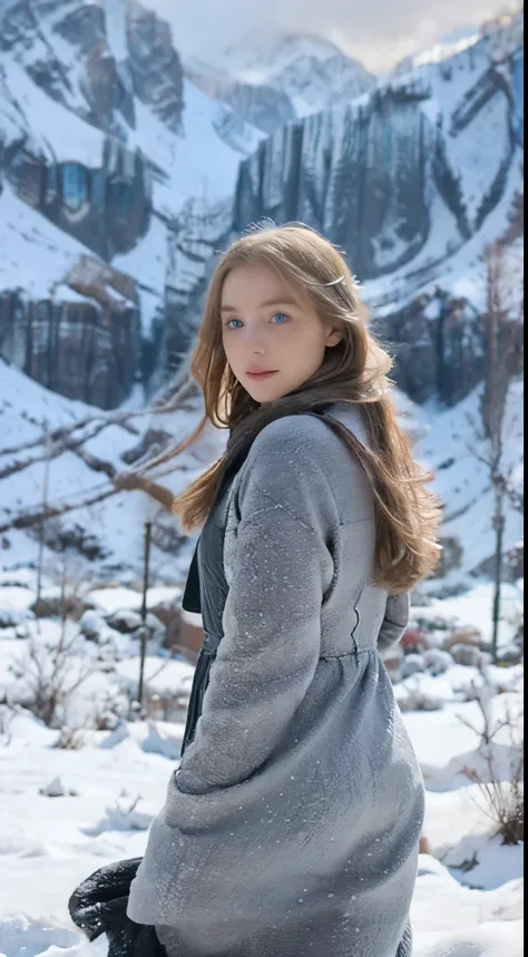 Amidst a winter photoshoot, a blonde girl with stunning blue eyes poses gracefully, her dress elegantly flowing; photograph her from behind against a backdrop of snow-covered mountains, emphasizing the grandeur of nature and the tranquility of the winter s...