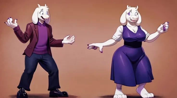 (masterpiece, best quality), transformation, mid transformation, gender transformation, mtf, sequence, full body, background, standing, human male wearing a tuxedo, Toriel wearing a purple dress, purple eyes, female, warped clothing, BREAK (by Sqoon, by ss...