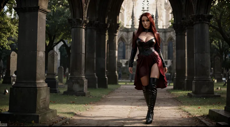 Bianca Beauchamp in red Vampirell and black boots posing in a cemetery, muito sexy diabo roupa, goddess of death in a graveyard, Elvira com roupas esfarrapadas, in a graveyard, behind her a gothic cathedral, skulls at her hips, rainha vampira, gothic maide...