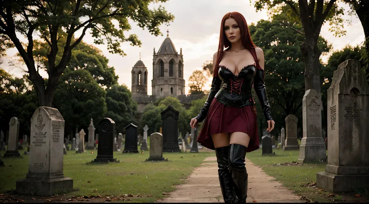 Bianca Beauchamp in red Vampirell and black boots posing in a cemetery, muito sexy diabo roupa, goddess of death in a graveyard, Elvira com roupas esfarrapadas, in a graveyard, behind her a gothic cathedral, skulls at her hips, rainha vampira, gothic maide...