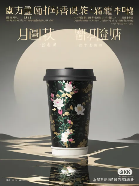 Coffee cup with a lid on the table, Inspired by Xiao Yunsong’s artwork, Chinese style-Zhongyuan Street, Influenced by Xia Gui&#39;s style, inspired by Wang Mian, inspired by Xie Huan, Featuring lotus elements, Showcase Guo Hua’s artistic style. (Best quali...