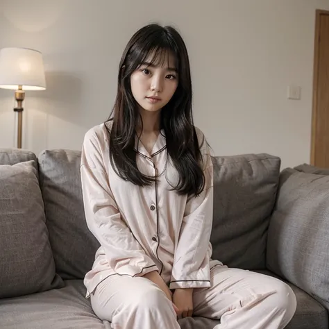 Wear pajamas，Korean girl sitting on the sofa，Black hair parted in the middle