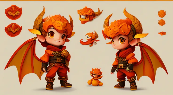 Sweet little dragon named Finn, Horns 2, Wing 2 symmetrical, drakonisches Gesicht, ready for an adventure, show different poses and expressions, Charakterbogen, full entire body, High quality, 4k quality, Orangefarbene Schuppen