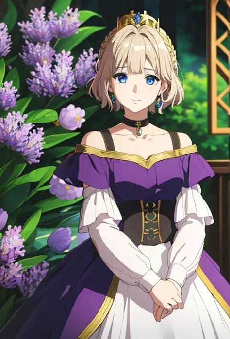 Masterpiece , solo , 1female , young  , short blonde hair with brown roots showing , blue eyes , pale skin , black and purple princess dress with gold accents , off the shoulder sleeves , long sleeves , silver crown ,  forest background , soft smile expres...