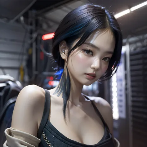 bright eyes,  super detailed, black short hair, blood and wounds, stab wounds on body, dirty clothes, Jennie Kim, 30 yrs old girl, cyberpunk suit, blue hair, side view post,