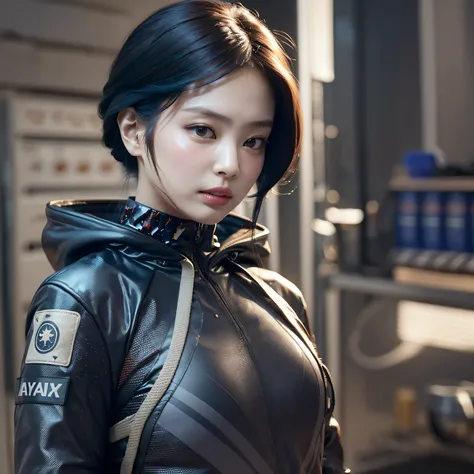 bright eyes,  super detailed, black short hair, blood and wounds, stab wounds on body, dirty clothes, Jennie Kim, 30 yrs old girl, cyberpunk suit, blue hair, side view post,