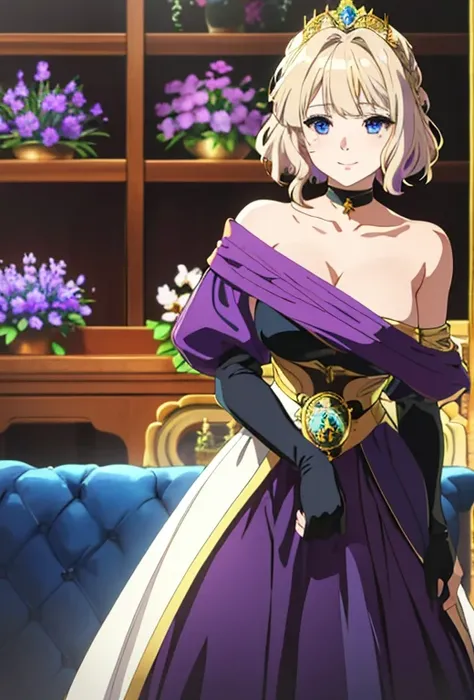 Masterpiece , solo , 1female , young  , princess , short blonde hair with brown roots showing , blue eyes , pale skin , black and dark purple princess gown with gold accents , off the shoulder sleeves , long sleeves , silver crown ,  forest background , so...