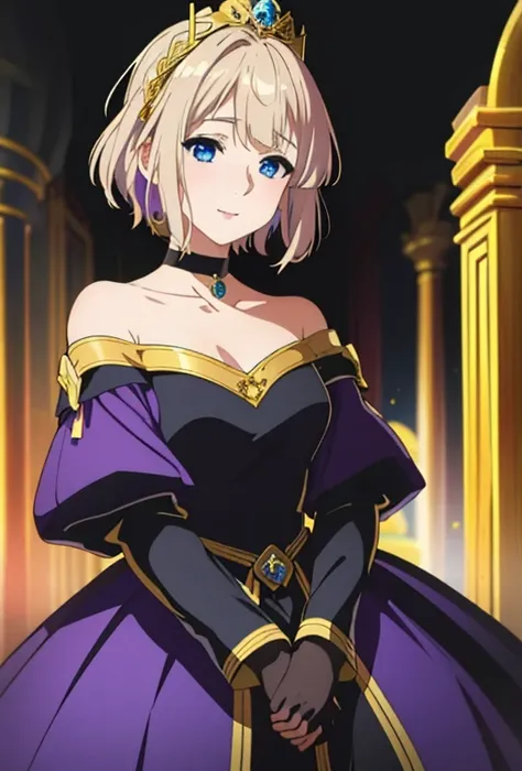 Masterpiece , solo , 1female , young  , princess , short blonde hair with brown roots showing , blue eyes , pale skin , black and dark purple princess gown with gold accents , off the shoulder sleeves , long sleeves , silver crown ,  simple castle backgrou...