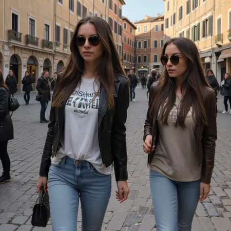 (aesthetic) Italian woman with beautiful long hair, (realistic) walking in the square of Rome. The cityscape in the background captures the essence of winter, with warm and rich colors. The woman is friendly, she wear jeans, with t-shirt, leather black jac...