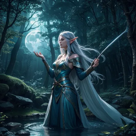 (best quality,4k,8k,highres,masterpiece:1.2),ultra-detailed,(realistic,photorealistic,photo-realistic:1.37),Night Elf of World of Warcraft female,ocean view,moonlight,emerald skin tone,ethereal glowing eyes,flowing silver hair,elven ears,wisdom and tranqui...