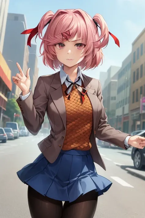 2d, masterpiece, best quality, anime, highly detailed, cowboy shot, 1girl, solo, natsuki, pink eyes, two side up, hair ornament, short hair, blazer, brown sweater, collared shirt, neck ribbon, blue skirt,   looking at viewer, street city background. ((blac...