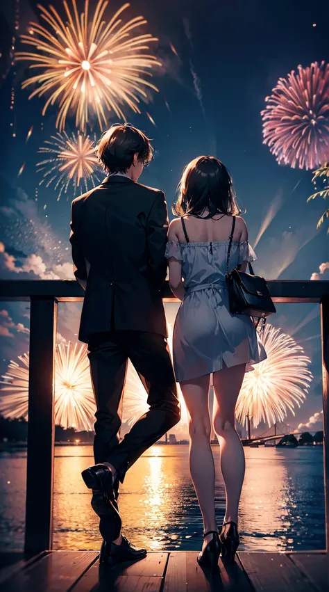 a man and a woman couple watching fireworks from the top of the bank along the river