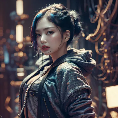 bright eyes,  super detailed, black short hair, blood and wounds, stab wounds on body, dirty clothes, Jennie Kim, 30 yrs old girl, cyberpunk suit, blue hair, side view post,