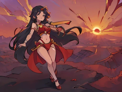 ((perfect asian girl)) ((very long black hair)) full body, dancing in the desert, wearing only a red princess jasmin outfit as the sun sets (red sunset)