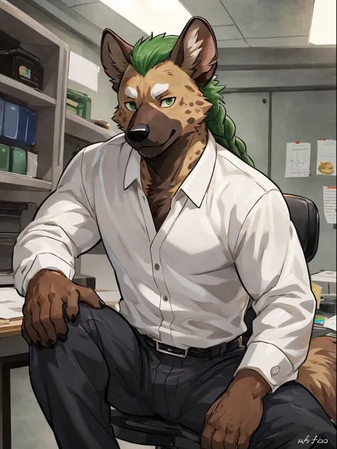 (((Detailed anatomy, detailed eyes detailed body detailed face, best quality, high resolution))), solo, (1male, hyena, long braids green hair, adult body, brown furs, skinny muscle, dark green eyes), white long sleeve bottom shirt, black pants, black shoes...