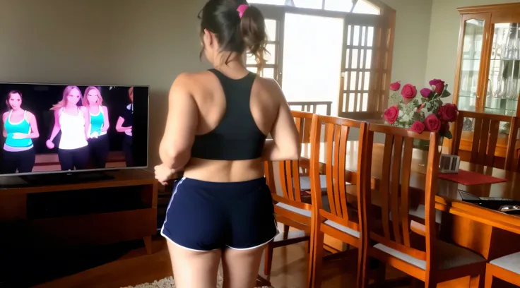 There is a woman in front of a television in a living room, Costas - Pneu, tiro nas costas, mostrando o ombro de costas, tiro traseiro, Backview, tiro traseiro, sport bra and dark blue shorts, seen from back, tiro pelas costas, voltar - ver, from the back,...