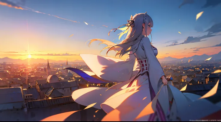 re:zero, big medieval city, detailed, masterpiece, emilia, going, from behind, gray hair, hair fluttering in the wind, amazing sky, , detailed lighting, 8k