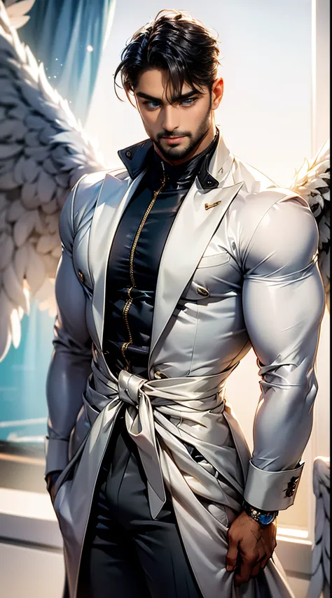 (best quality,ultra-detailed,realistic:1.37), Daegan Tronos Character(1), handsome, dark skin, dark-tanned, perfect wings angel, symmetrical wings,blue eyes,small beard, medium-long haircut,casual outfit, urban italian clothing, trench coat, man stance, at...