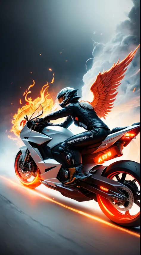 A (((motorcyclist with flaming angel wings))), riding a sleek ((futuristic motorbike with led lights)), against an (ethereal backdrop of swirling smoke and volumetric light), where the tyres of the bike are emitting (flames) - a vision that pushes the boun...