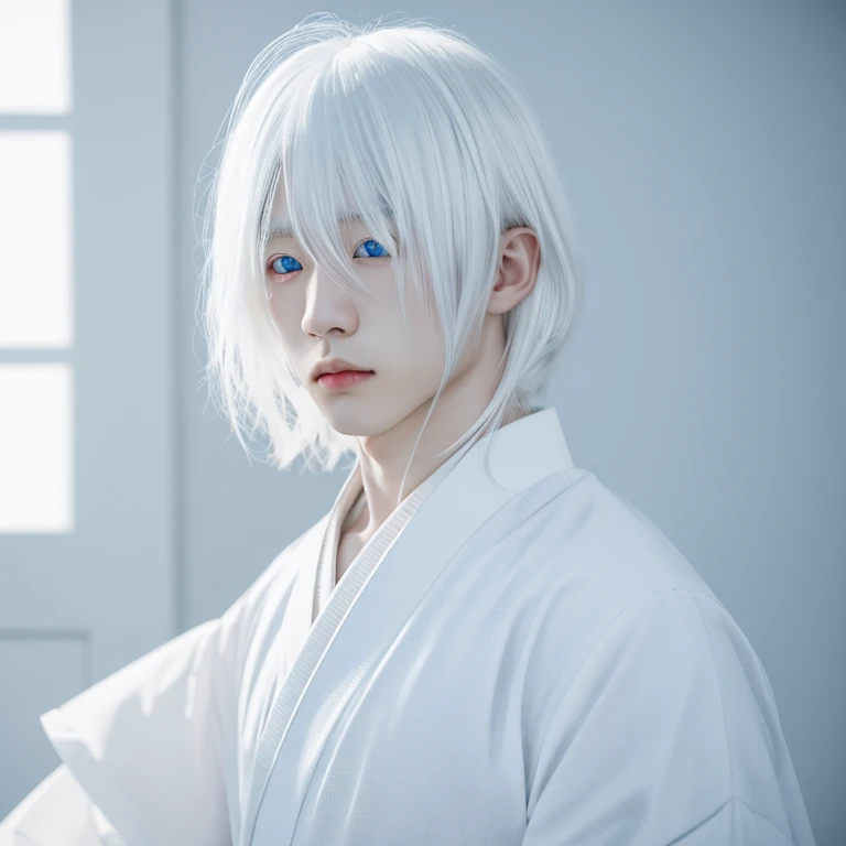 create for me a Japanese Albino, white hair, light blue eyes, he is very handsome.