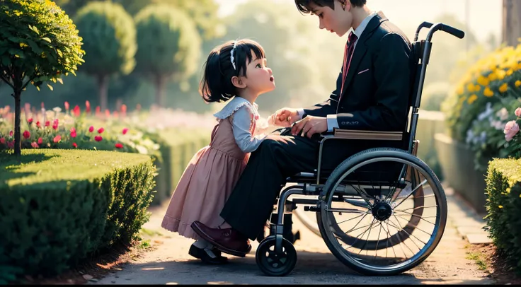 In the garden，A lively little girl in gorgeous clothes and a little boy in a wheelchair，