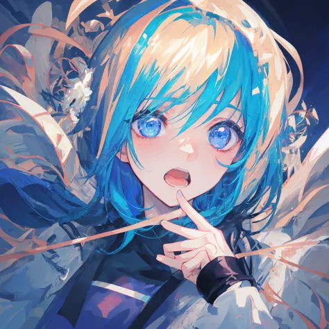 a woman with blue hair and blue eyes  pointing her finger to her mouth, 2 d anime style, anime visual of a cute girl, anime girl named lucy, emo anime girl, rei hiroe, mayuri shiina, 2 d anime, (anime girl), 1 7 - year - old anime goth girl, hana yata, an ...