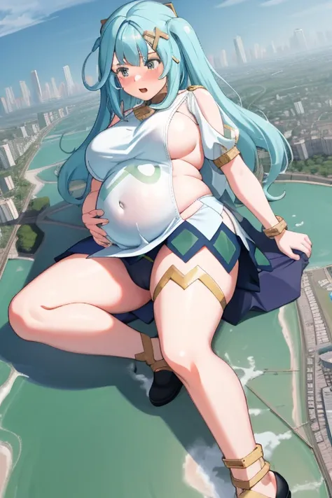 Giant maiden，Moe two-dimensional style，Pregnancy status，Round belly，Gaze at the bustling city, Lying down, Burp, Burping, Loud burp, Really loud burp, Burping, Rumbling belly, Embarrassed, Crop top, Panties, Full body