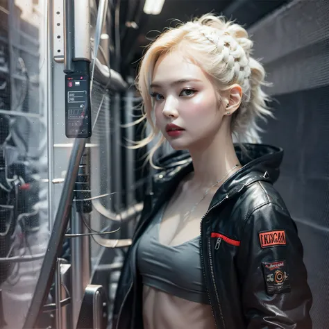 bright eyes,  super detailed, black short hair, blood and wounds, stab wounds on body, dirty clothes, Jennie Kim, 30 yrs old girl, cyberpunk suit, white hair, side view post,