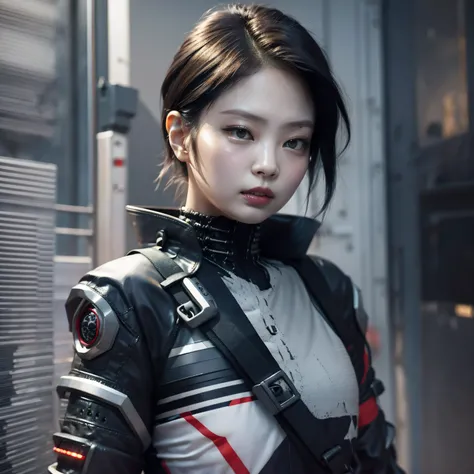 bright eyes,  super detailed, black short hair, blood and wounds, stab wounds on body, dirty clothes, Jennie Kim, 30 yrs old girl, cyberpunk suit, white hair, side view post,