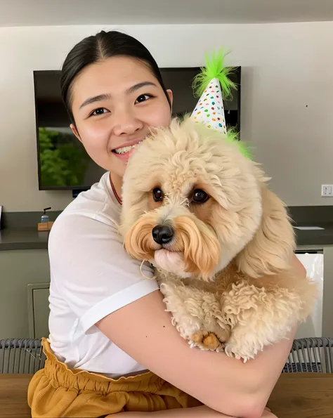 araffe with a birthday hat on holding a dog, wearing a party hat, gemma chen, gemma chan, 21 years old, 2 8 years old, 2 3 years old, 1 6 years old, 2 7 years old, 🤬 🤮 💕 🎀, 2 9 years old, with ivy, 2 4 years old, 18 years old, happy birthday