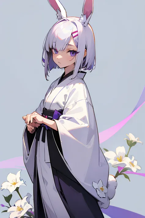 anime, masterpeace, best quality, young, skinny, white bob hair, purple strand on the bang, white flower hairpin, white bunny ears, left eye gray and right eye purple, fully black kimono, standing, blue background