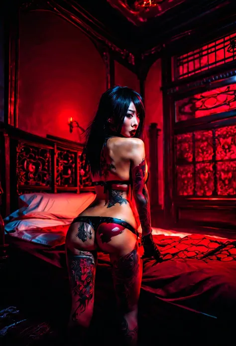 best quality ,magnificent, dark shadowy night, gothic mansion bedroom illuminated by a single candle beautiful gothic Asian vampire woman with yakuza style tattoo all over her body  wearing black and red leather thong bikini and black fishnet stockings wit...