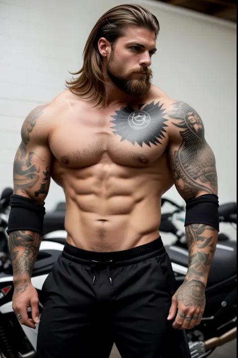 um homem com longa barba e tatuagens ao lado de uma motocicleta, corpo musculoso tatuado, strong masculine features, Muscular construction, masculino e forte, felix englund, homem tatuado, musculoso! Cyberpunk, corpos musculosoes, modelo fitness, Greg Rutk...