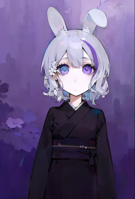 anime, masterpeace, best quality, in front of viewer, full face, young, skinny, white bob hair, purple strand on the bang, white flower hairpin, white bunny ears, (left eye gray and right eye purple), (fully black kimono), standing, blue background