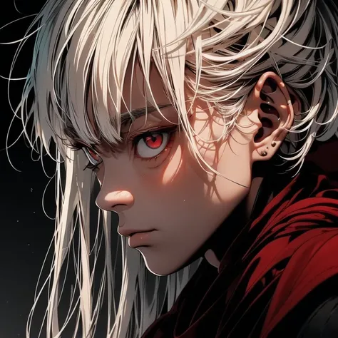 An white haired asian male with tanned skin,(the same person , 30 years old, with white haired and red eyes, with strong build, defined muscles, wearing black robe, forest background, vagabond art style, kentaro miura art style, eye level angle, ( full bod...