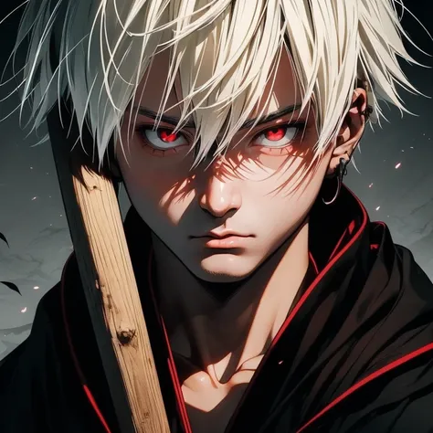 An white haired asian male with tanned skin,(the same person , 30 years old, with white haired and red eyes, with strong build, defined muscles, wearing black robe, forest background, vagabond art style, kentaro miura art style, eye level angle, ( full bod...